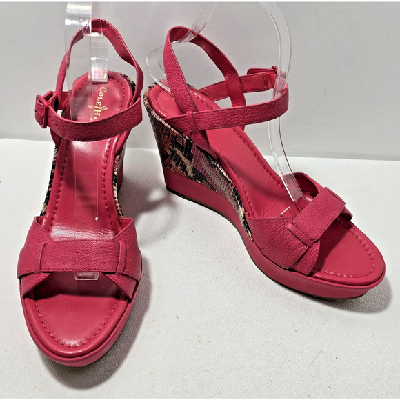 Cole Haan Paley Sz 9.5 Punch Pink Leather Snake Print Snakeskin Wedge Heels - Picture 1 of 10
